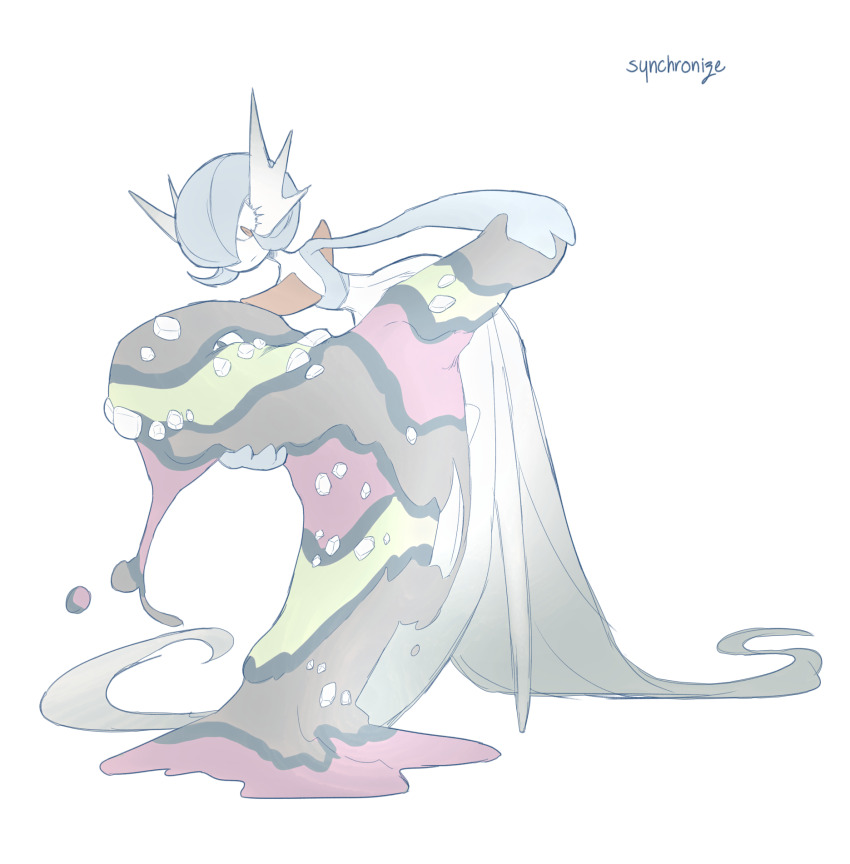 alolan_form alolan_muk alternate_color blue_hair blue_skin bob_cut colored_skin dancing dress ebitachy gardevoir gen_3_pokemon gen_7_pokemon hair_over_one_eye highres multicolored_skin nintendo pokemon pokemon_(creature) shiny_pokemon simple_background two-tone_skin white_background white_dress white_skin