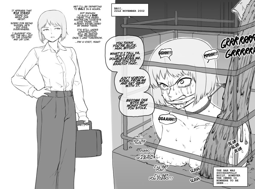 1girl bag before_and_after breasts briefcase buried collarbone collared_shirt commentary concrete crying crying_with_eyes_open dated english_commentary english_text gagged greyscale hand_on_own_hip highres holding holding_bag imminent_death long_sleeves medium_breasts monochrome nude original pants parted_lips rope_around_neck shirt short_hair sound_effects speech_bubble standing sweat tears torture v-shaped_eyebrows yblndr