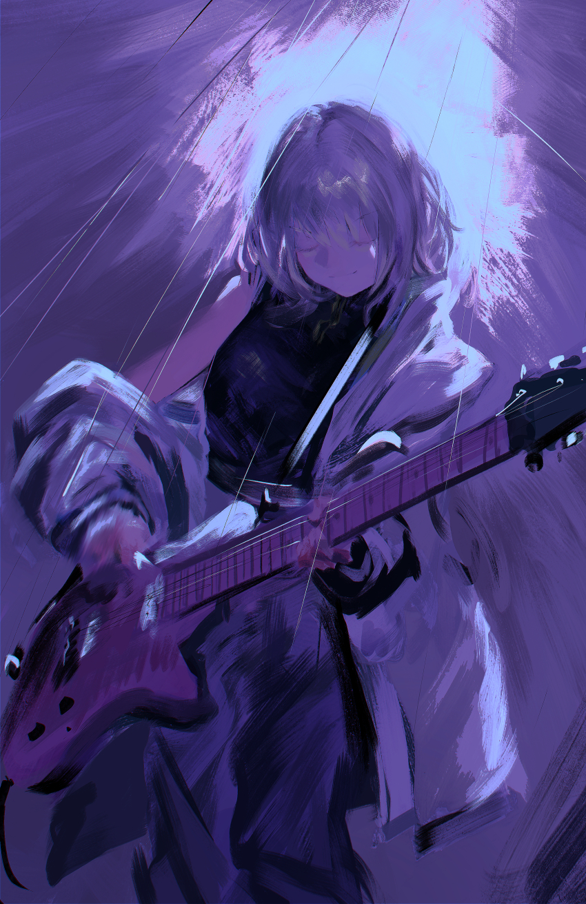 1girl absurdres bang_dream! bang_dream!_it&#039;s_mygo!!!!! black_shirt closed_eyes commentary electric_guitar english_commentary guitar highres instrument jacket kaname_raana lemtun long_sleeves music playing_guitar playing_instrument purple_theme shirt short_hair solo white_hair white_jacket