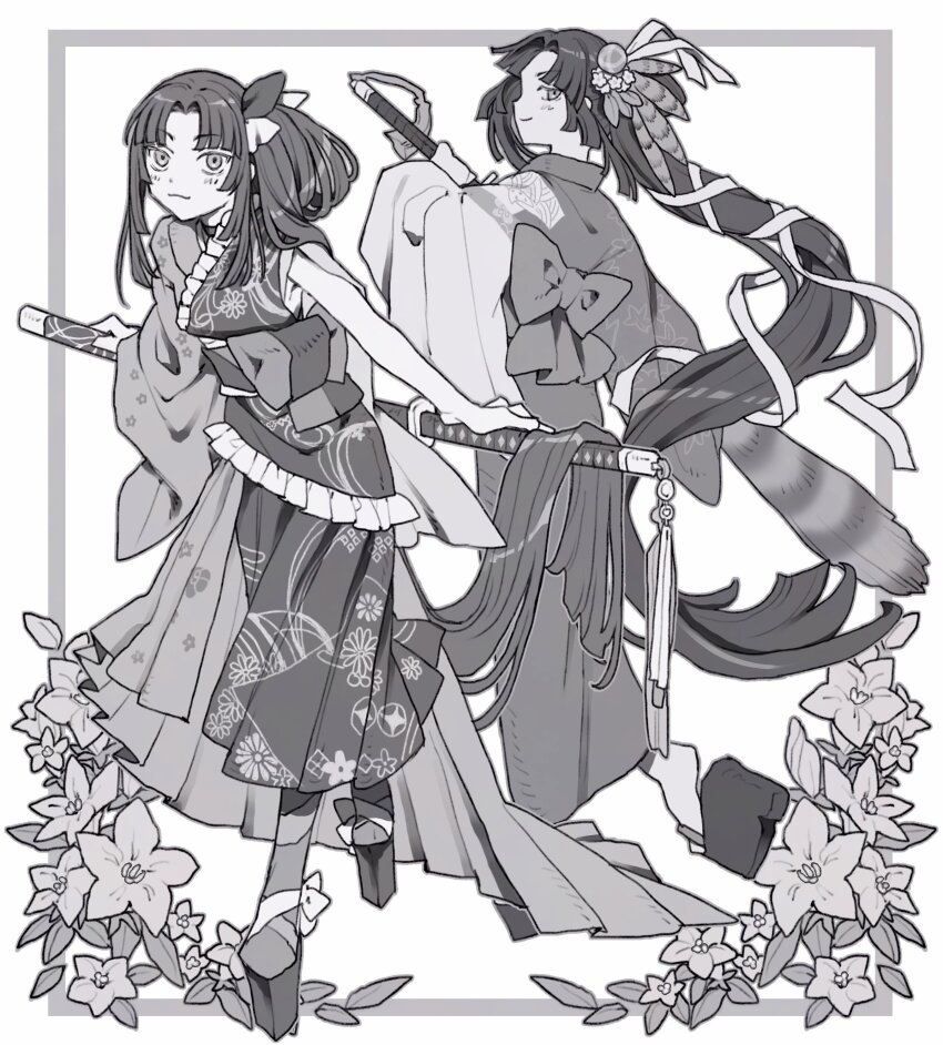 1girl absurdres bow bowtie curtained_hair drawing_sword fate/grand_order fate_(series) floral_border floral_print full_body hair_bow hair_ornament hand_on_hilt highres holding holding_sword holding_weapon japanese_clothes katana kimono leg_up light_smile long_hair looking_at_viewer m_12170 multiple_views platform_shoes ponytail red_ribbon ribbon sheath sidelocks sword ushiwakamaru_(fate) ushiwakamaru_(fgo_fes._2025)_(fate) weapon