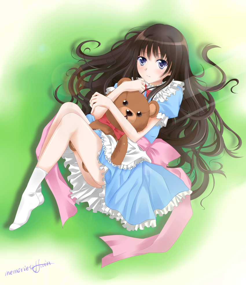1girl absurdres bad_id bad_pixiv_id black_hair blue_dress blue_eyes bow bowtie dress female_focus from_above highres kami-sama_no_memo-chou long_hair lying on_side pink_ribbon qiuzhi_huiyi red_bow ribbon shionji_yuuko signature solo stuffed_animal stuffed_toy teddy_bear