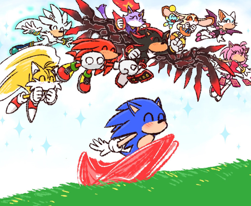 ^_^ amy_rose blaze_the_cat blush boots card chao_(sonic) cheese_(sonic) chibi child closed_eyes cream_the_rabbit dress fire flying formal_clothes gloves grass hairband highres knuckles_the_echidna multiple_tails petite rouge_the_bat running sega shadow_the_hedgehog shoes shota silver_the_hedgehog socks sonic_(series) sonic_frontiers sonic_frontiers:_the_final_horizon sonic_generations sonic_the_hedgehog sonic_x_shadow_generations suit tail tails_(sonic) tarot tarot_card tight_clothes two_tails wings yotsumeddd