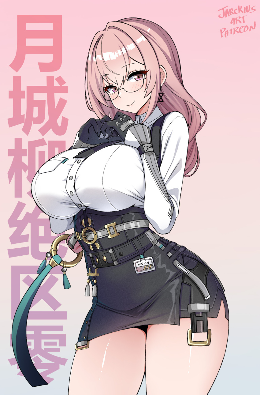 1girl absurdres black_gloves black_skirt blush breasts closed_mouth commentary cowboy_shot dress_shirt earrings glasses gloves gradient_background hair_between_eyes hands_up high-waist_skirt highres jarckius jewelry large_breasts long_hair looking_at_viewer miniskirt paid_reward_available patreon_username pencil_skirt pink_eyes pink_hair ring_hair_ornament shirt skirt smile solo standing tsukishiro_yanagi white_shirt zenless_zone_zero