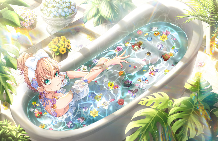 1girl aqua_eyes bare_shoulders barefoot bathing bathtub bow_hairband closed_mouth crossed_bangs daisy_(flower) dress_swimsuit flower flower_request full_body fur_hairband game_cg hair_bun hairband halterneck her-bath-rium highres hinoshita_kaho in_bathtub indoors link!_like!_love_live! looking_at_viewer love_live! non-web_source off-shoulder_one-piece_swimsuit off_shoulder official_alternate_costume official_art one-piece_swimsuit open_hand orange_hair plant potted_plant puffy_short_sleeves puffy_sleeves red_flower short_hair short_sleeves sidelocks single_hair_bun smile solo split_mouth stretching swimsuit toes virtual_youtuber white_flower white_hairband white_one-piece_swimsuit window_shadow yellow_flower