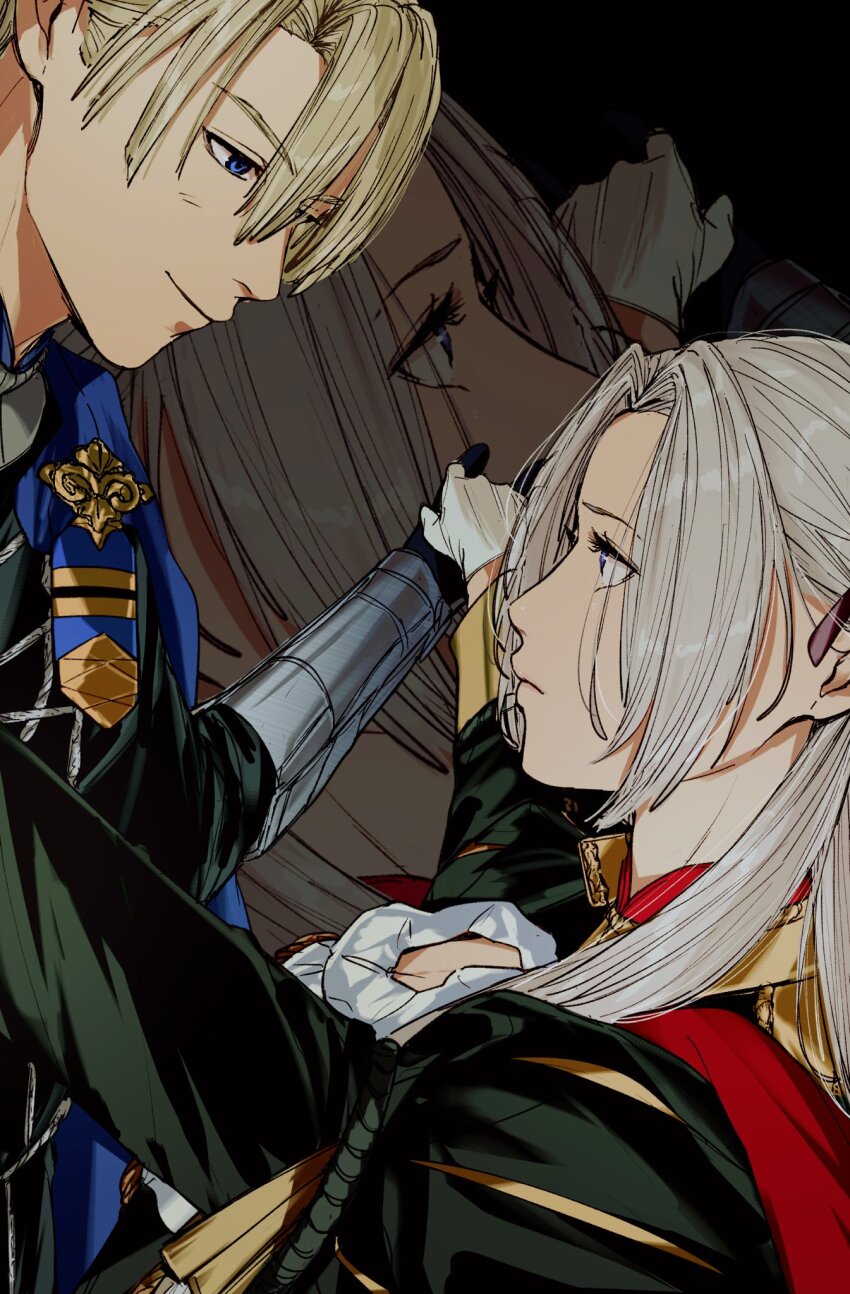 1boy 1girl aiguillette amikoiiko ascot black_background blonde_hair blue_cape blue_collar blue_eyes blue_gloves breasts cape cleavage cleavage_cutout closed_mouth clothing_cutout collar commentary dancing dimitri_alexandre_blaiddyd edelgard_von_hresvelg english_commentary eye_contact fire_emblem fire_emblem:_three_houses fringe_trim garreg_mach_monastery_uniform gauntlets gloves grey_collar hair_ribbon highres light_smile long_hair long_sleeves looking_at_another looking_down looking_up nintendo pink_lips portrait puff_and_slash_sleeves puffy_sleeves purple_ribbon red_cape red_collar ribbon short_hair shoulder_boards upper_body waltz_(dance) white_ascot white_gloves white_hair yellow_collar yellow_sleeve_cuffs zoom_layer