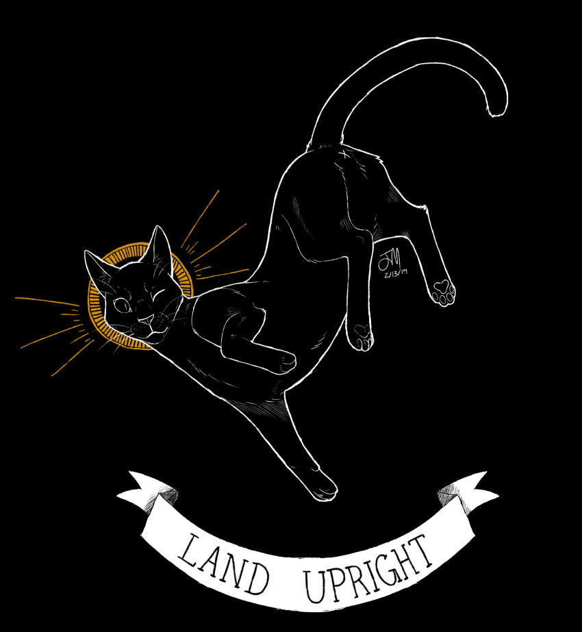absurdres animal animal_focus banner black_background black_cat black_theme businessfish cat commentary dated english_commentary english_text falling full_body halo hatching_(texture) highres lineart looking_at_viewer monochrome no_humans one_eye_closed original outline paw_up signature simple_background smile spot_color whiskers white_outline yellow_halo