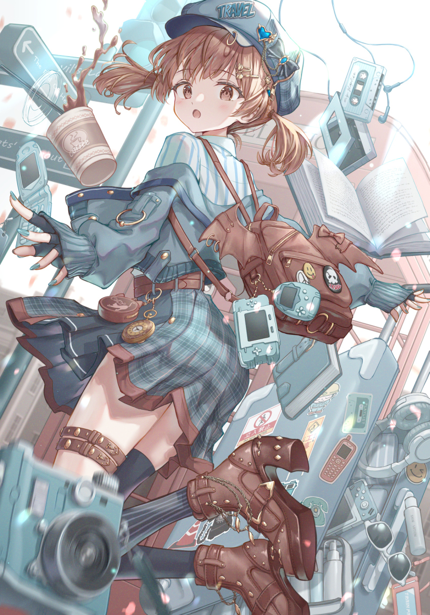 1girl applying_manicure backpack bag book boots brown_eyes brown_hair camera cellphone checkered_clothes checkered_skirt coffee hair_ornament hairclip handheld_game_console hat headphones highres hirokazu_(analysis-depth) nail_polish open_mouth original phone shirt skirt socks striped_clothes striped_shirt striped_socks twintails