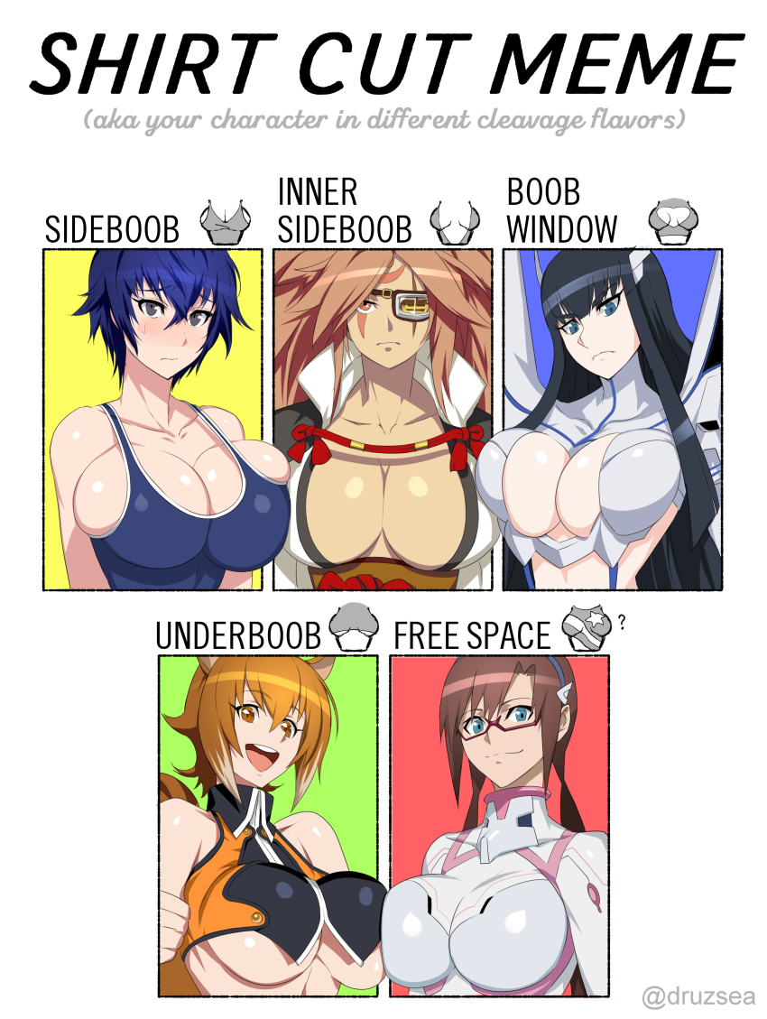 5girls absurdres animal_ears aqua_eyes armor baiken black_hair blazblue blue_background blue_hair bodysuit breast_press breasts breasts_focus brown_hair cleavage cleavage_cutout clothing_cutout crossover druzsea embarrassed eyepatch facial_mark glasses green_background grey_eyes guilty_gear highres huge_breasts impossible_clothes ippo junketsu kill_la_kill kiryuuin_satsuki large_breasts long_hair makinami_mari_illustrious makoto_nanaya mecha_pilot_suit meme multiple_drawing_challenge multiple_girls neon_genesis_evangelion no_bra open_mouth orange_eyes orange_hair persona persona_4 plugsuit_(evangelion) red_background red_hair revealing_clothes scar scar_on_face serious shirogane_naoto shirt shirt_cut_meme short_hair sideboob skin_tight smile tail underboob yellow_background