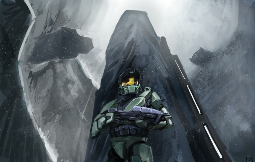 103anon 1boy absurdres armor assault_rifle assault_visor bullpup commentary english_commentary gun halo:_combat_evolved halo_(series) highres holding holding_gun holding_weapon looking_up ma5 male_focus master_chief power_armor rifle scenery snow snowing solo spartan_(halo) weapon