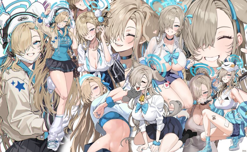 1girl absurdres adidas ahoge all_fours alternate_costume animal_ears armpits asuna_(blue_archive) asuna_(school_uniform)_(blue_archive) bag bandages bare_shoulders baseball_bat baseball_cap bell black_choker black_skirt black_socks blonde_hair blue_archive blue_bra blue_eyes blue_halo blue_jacket blue_nails blue_ribbon blue_scrunchie blue_skirt blush bra breasts brown_hair chair choker cleavage closed_eyes clothing_cutout collar collared_shirt commentary_request covered_erect_nipples covered_navel denim denim_shorts disembodied_hand dog_ears dog_tail dongtan_dress dress earphones extra_ears fingernails from_below full_body grey_dress grin hair_over_eyes hair_over_one_eye hair_ribbon halo hand_on_another&#039;s_chin happy hat haze_(ohw8g) heart heart_cutout high_tops highres holding holding_earphones huge_breasts jacket kemonomimi_mode kneeling large_breasts leaf leaf_on_head long_hair looking_at_viewer mask mask_lift meme_attire miniskirt mole mole_on_breast mouth_mask multiple_views nail_polish navel neck_bell nike_(company) one_side_up open_clothes open_jacket open_mouth paw_print pleated_skirt ribbon school_bag school_uniform scrunchie see-through_clothes seiza shirt shoes shorts simple_background single_bare_shoulder single_earphone_removed single_off_shoulder sitting skirt smile sneakers socks solo_focus spoken_heart sports_bra squatting stomach stroking_another&#039;s_chin tail tail_wagging thick_thighs thighs tight_clothes tight_dress underboob underwear undressing v very_long_hair white_background white_mask white_shirt white_socks wrist_scrunchie zipper_skirt
