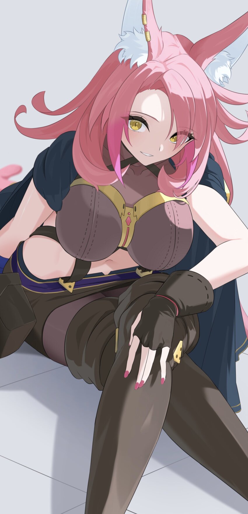 1girl absurdres animal_ear_fluff animal_ear_piercing animal_ears black_cape black_gloves black_thighhighs breasts cape cat_ears cat_girl cat_tail collarbone crossed_legs duel_monster fingerless_gloves gloves hand_on_own_knee heichi highres large_breasts long_hair midriff navel parted_lips pink_hair pink_nails simple_background sitting smile solo stomach tail thighhighs tri-brigade_ferrijit_the_barren_blossom yellow_eyes yu-gi-oh!