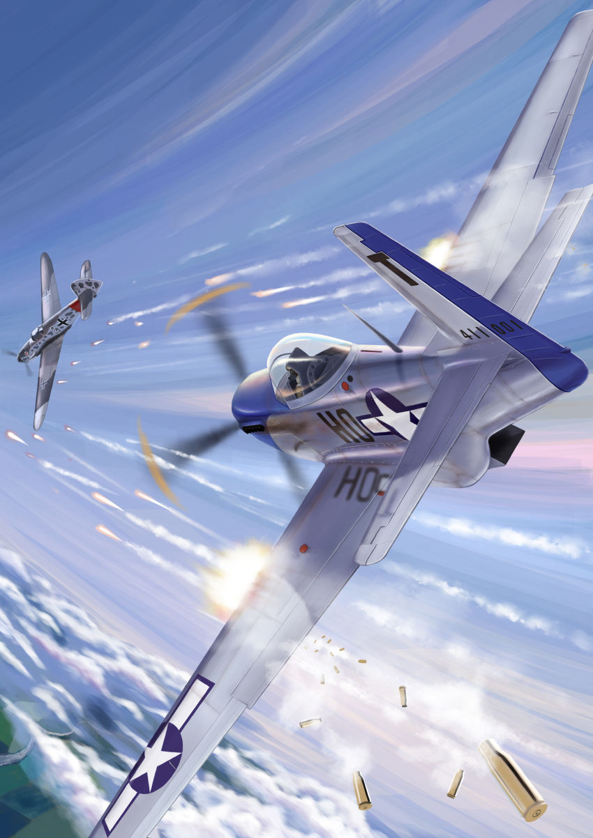 absurdres aerial_battle aircraft airplane battle bf_109 cloud dogfight fighter_jet highres luftwaffe military military_vehicle original p-51_mustang projectile_trail propeller propeller_fighter shell_casing sky united_states_air_force vehicle_focus world_war_ii zuotian_de_yu