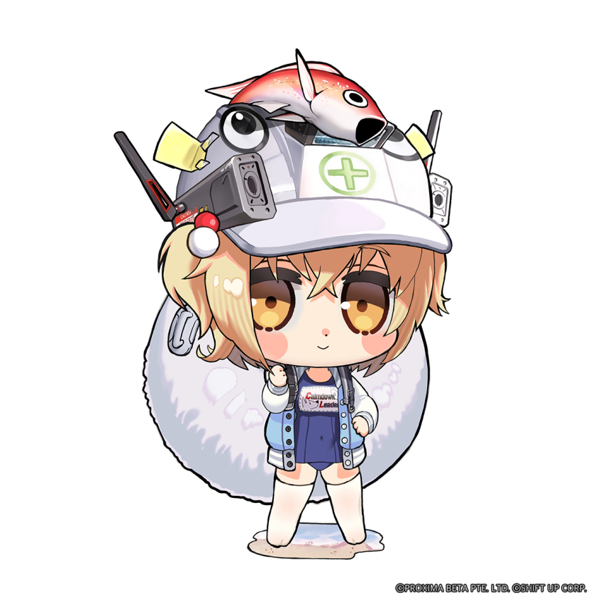 1girl blonde_hair blue_jacket blue_one-piece_swimsuit blush_stickers chibi closed_mouth clothes_writing covered_navel crossed_bangs dot_nose fish full_body goddess_of_victory:_nikke hair_bobbles hair_ornament hard_hat helmet highres jacket light_smile liter_(guardfish)_(nikke) liter_(nikke) long_sleeves looking_at_viewer medium_hair no_shoes official_alternate_costume official_art old_school_swimsuit one-piece_swimsuit open_clothes open_jacket school_swimsuit solo standing swimsuit thighhighs thighs totatokeke white_headwear white_jacket white_thighhighs yellow_eyes
