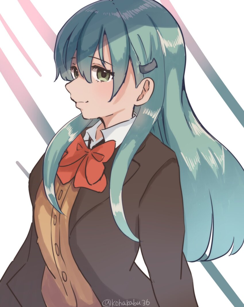 1girl aqua_eyes aqua_hair blazer bow bowtie brown_cardigan brown_jacket cardigan collared_shirt dress_shirt hair_ornament hairclip highres jacket kantai_collection kohaku_kabu looking_at_viewer one-hour_drawing_challenge red_bow red_bowtie school_uniform shirt solo suzuya_(kancolle) upper_body white_background white_shirt