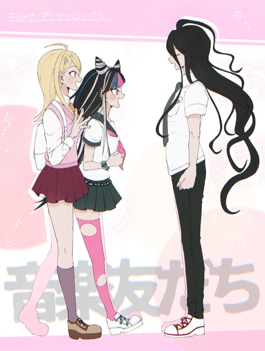 1boy 2girls ahoge akamatsu_kaede black_hair black_pants black_sailor_collar black_skirt blonde_hair cosplay danganronpa_(series) danganronpa_2:_goodbye_despair danganronpa_v3:_killing_harmony fortissimo from_side green_hair green_necktie grey_background hair_horns hair_ornament highres hinata_hajime hinata_hajime_(cosplay) kamukura_izuru kneehighs long_hair long_sleeves miniskirt mioda_ibuki multiple_girls musical_note musical_note_hair_ornament neckerchief necktie nire_dangan pants pink_background pink_hair pink_neckerchief pink_thighhighs pleated_skirt red_skirt sailor_collar shirt shoes short_sleeves skirt socks thighhighs torn_clothes torn_thighhighs translation_request white_hair white_shirt