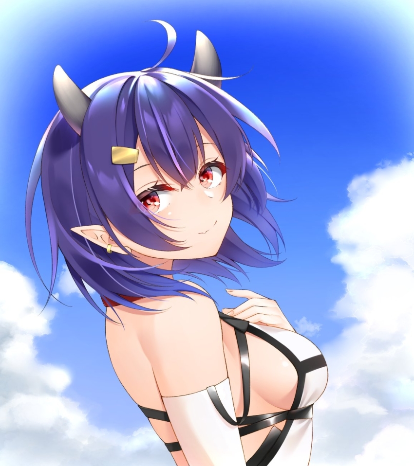 1girl abukuma_(azur_lane) abukuma_(retrofit)_(azur_lane) ahoge azur_lane bad_id bad_pixiv_id bare_shoulders blue_sky breasts cloud detached_sleeves earrings from_side highres horns jewelry looking_back medium_breasts medium_hair pointy_ears purple_hair red_eyes sideboob sky solo tsukizumi_ageha upper_body
