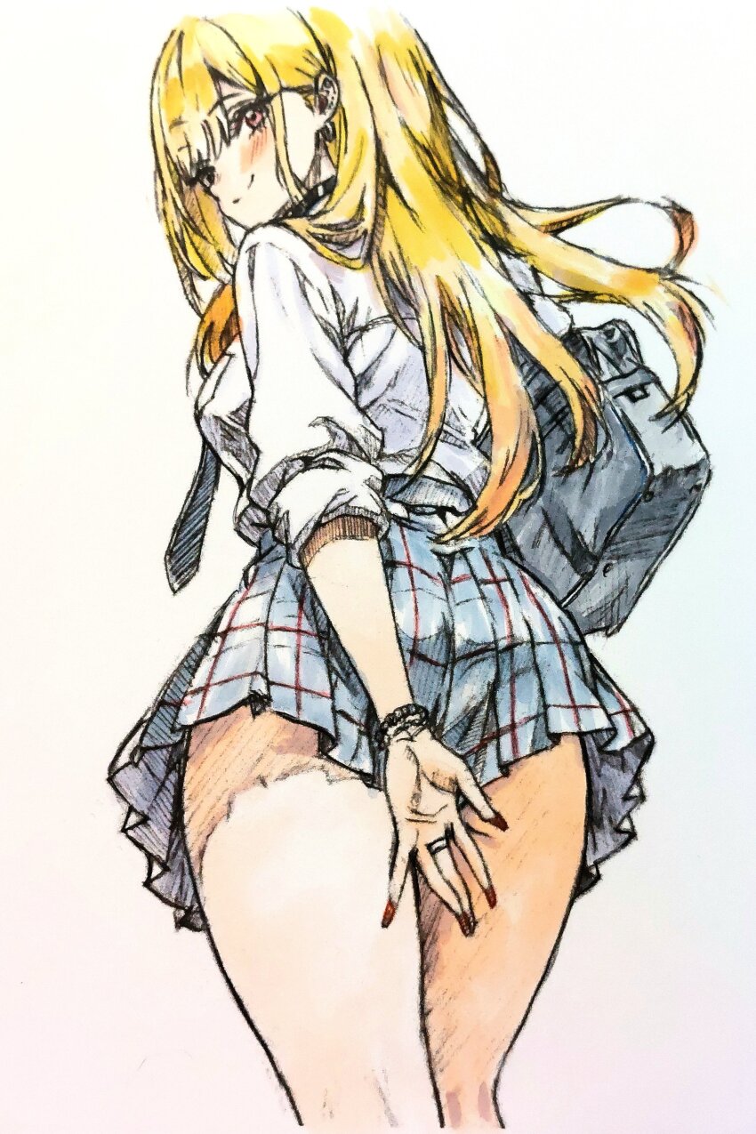 1girl absurdres blonde_hair blush breasts covering_ass covering_privates from_behind highres kitagawa_marin large_breasts legs long_hair looking_at_viewer looking_back pink_eyes school_uniform seductive_gaze seductive_smile sideboob skirt smile solo sono_bisque_doll_wa_koi_wo_suru teasing thighs