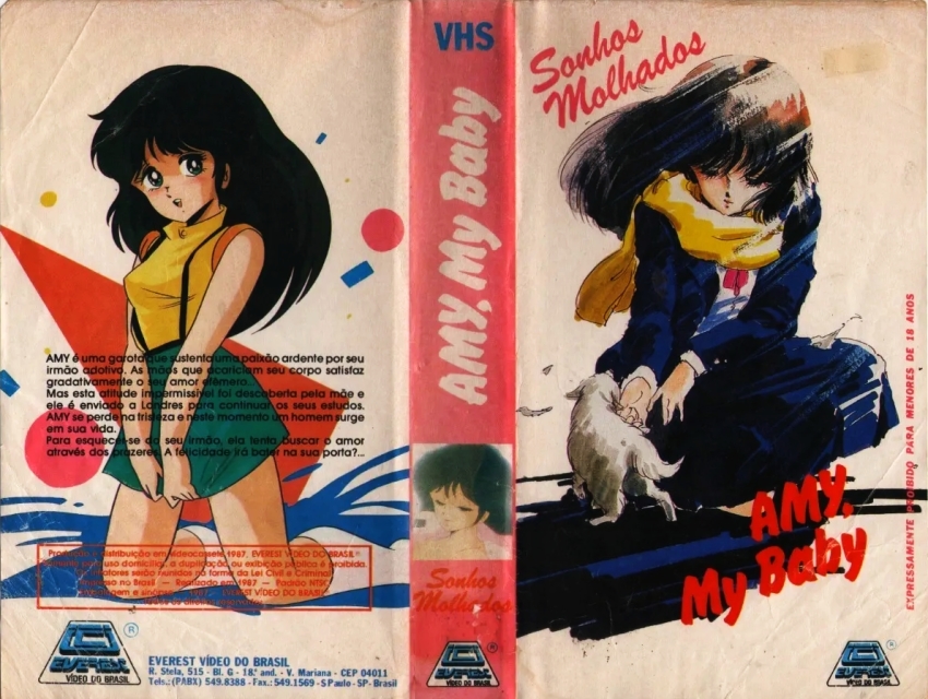 1980s_(style) brown_hair cream_lemon fairy_dust green_eyes long_hair nonomura_ami oldschool portuguese_text scarf school_uniform shingyouji_tatsuya shirt skirt suspender_skirt suspenders vhs_cover yellow_scarf yellow_shirt