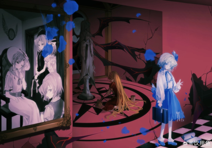 6+girls absurdres alice_margatroid alice_margatroid_(pc-98) ascot back_bow black_footwear black_wings blue_bow blue_bowtie blue_eyes blue_footwear blue_ribbon blue_skirt bow bowtie briefcase bucket checkered_floor chinese_commentary closed_mouth collared_shirt commentary_request crack cracked_wall demon_wings dress expressionless frilled_dress frilled_shirt_collar frilled_sleeves frilled_socks frills from_behind full_body hair_bow hair_ribbon hair_spread_out hand_on_own_cheek hand_on_own_face hand_up hat head_tilt highres holding holding_briefcase holding_mop indoors long_hair long_sleeves looking_at_viewer looking_back louise_(touhou) mai_(touhou) mary_janes medium_dress medium_skirt mop mopping multiple_girls multiple_wings mystic_square on_chair open_mouth orange_hair painting_(object) petals pleated_skirt puffy_long_sleeves puffy_short_sleeves puffy_sleeves red_dress ribbon robe rose_petals sailor_collar sara_(touhou) shinki_(touhou) shirt shoes short_hair short_sleeves sitting skirt sleeve_ribbon socks standing sun_hat suspender_skirt suspenders touhou touhou_(pc-98) very_long_hair vest watermark weibo_watermark white_ascot white_hair white_ribbon white_shirt white_socks wings yinyong_yu yuki_(touhou) yumeko_(touhou)