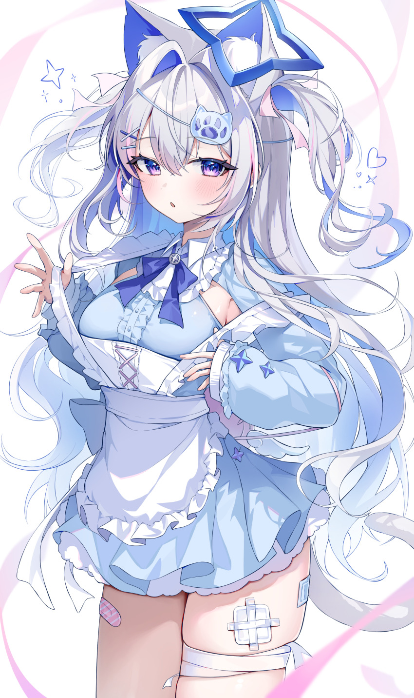1girl absurdres adjusting_clothes amane_kanata animal_ear_fluff animal_ears apron bandaged_leg bandages bandaid bandaid_on_leg blue_dress blue_hair blue_halo blue_ribbon blush cat_ears cat_girl cat_tail colored_inner_hair dress halo highres hololive maid_apron multicolored_hair nyaruin parted_lips paw_hair_ornament pink_ribbon purple_eyes ribbon short_dress sleeves_past_wrists solo tail two-tone_hair two_side_up virtual_youtuber white_apron white_hair