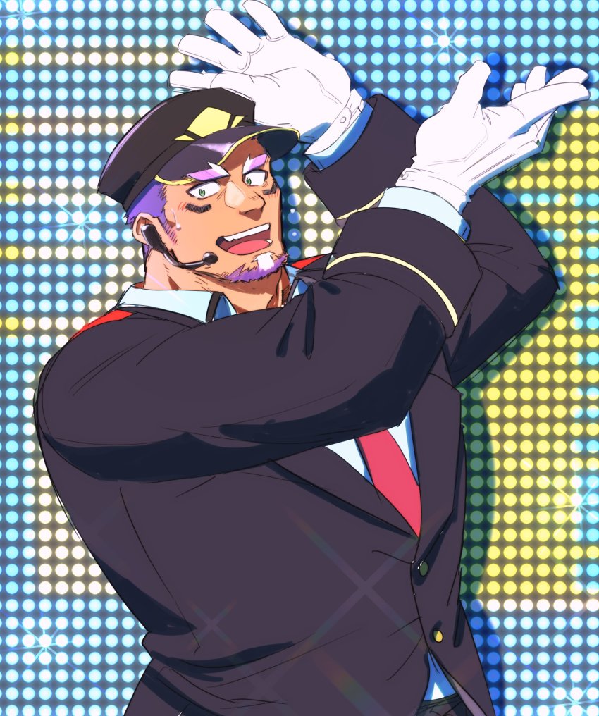 1boy bara dancing formal_clothes gloves highres live_a_hero male_focus mature_male microphone muscular muscular_male necktie purple_eyes shaft_(live_a_hero) smile solo suit yakisoba_ohmori