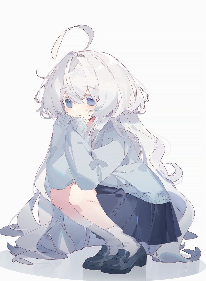1girl absurdres ahoge asphyxia17 black_shoes black_skirt blue_cardigan blue_eyes cardigan closed_mouth colored_eyelashes highres kneeling long_hair long_sleeves looking_at_viewer original shoes simple_background skirt smile socks solo very_long_hair white_background white_socks