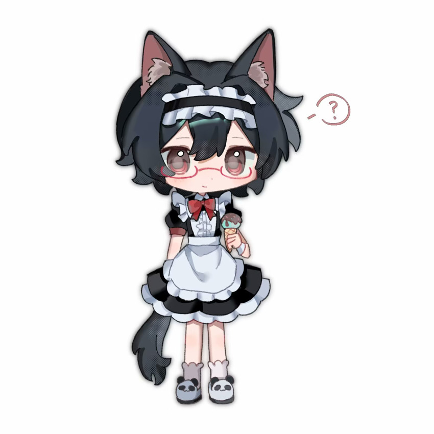 1boy ? alternate_costume animal_ear_fluff animal_ears animal_shoes ankle_socks apron black_dress black_hair black_hairband bow bowtie center_frills character_request chibi copyright_request crossdressing crossdressing_(mtf) dress enmaided food frilled_apron frilled_dress frilled_hairband frills glasses hair_between_eyes hairband halftone happy highres holding holding_ice_cream_cone ice_cream ice_cream_cone kemonomimi_mode lolita_hairband maid male_focus male_maid medium_dress panda puffy_short_sleeves puffy_sleeves qianwa_shi_biao red-framed_eyewear red_bow red_bowtie red_eyes shoes short_hair short_sleeves simple_background socks solo spoken_question_mark standing tail white_apron white_background white_shoes white_socks white_wrist_cuffs wolf_boy wolf_ears wolf_tail wrist_cuffs