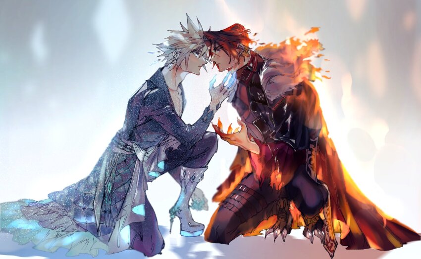 2boys alternate_costume black_cape black_pants blonde_hair boots brown_hair cape clawed_feet clawed_gauntlets cloud_strife collared_shirt final_fantasy final_fantasy_vii final_fantasy_viii fire full_body hair_between_eyes high_heel_boots high_heels highres ice male_focus multiple_boys on_one_knee pants sash scar scar_on_face scar_on_forehead shio_ga shirt short_hair spiked_hair squall_leonhart thigh_strap waist_sash yaoi