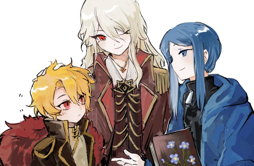 badge bari_(project_moon) black_jacket blonde_hair blue_coat blue_eyes blue_hair brown_shirt closed_mouth coat don_quixote_(project_moon) epaulettes erzheawa gold_trim highres jacket jewelry la_manchaland&#039;s_don_quixote_(project_moon) lapels limbus_company long_hair necklace notched_lapels one_eye_closed parted_bangs petting project_moon red_eyes sancho_(project_moon) shirt short_hair smile white_hair white_jacket