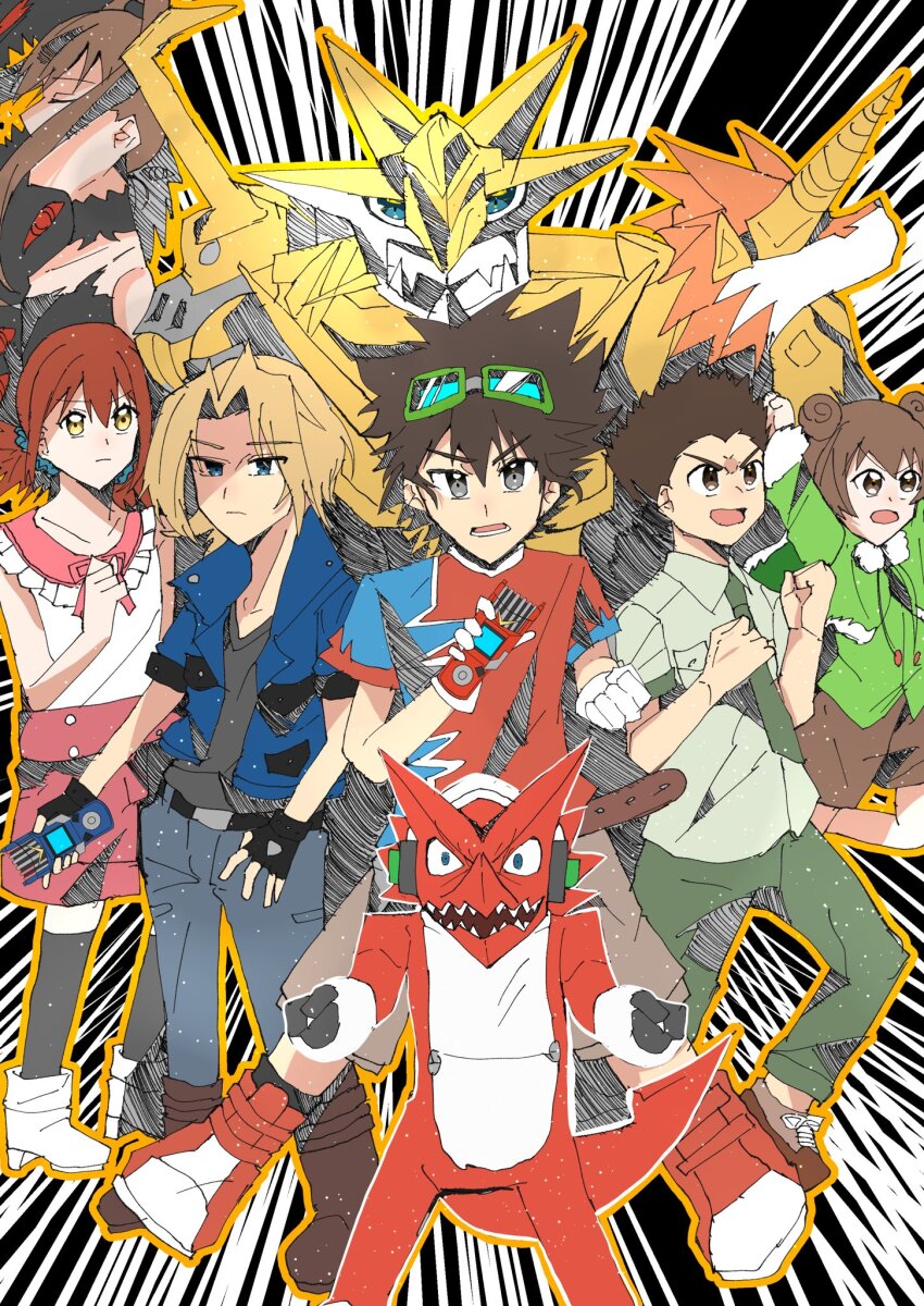 amano_kotone amano_nene_(digimon_xros_wars) aonuma_kiriha corruption digimon digimon_xros_wars hair_ornament hairclip highres hinomoto_akari kudou_taiki long_hair looking_at_viewer orange_eyes ponytail red_hair shademon shademon_(nene_ver.) sharp_teeth shoutmon shoutmon_x7 shoutmon_x7_superior_mode split_ponytail teeth tsurugi_zenjirou twintails