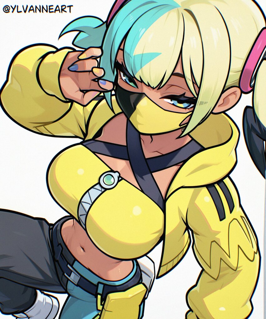1girl aqua_hair bandeau belt black_mask black_pants blonde_hair blue_eyes blue_pants breasts canari_(pokemon) center-flap_bangs criss-cross_straps crop_top cropped_jacket dark-skinned_female dark_skin english_text eyelashes hands_up highres jacket looking_at_viewer mask mega_ring mega_stone midriff mouth_mask multicolored_hair nail_polish navel nintendo pants pokemon pokemon_legends:_z-a short_twintails solo split-color_hair sports_bra stomach twintails twitter_username two-tone_hair two-tone_mask two-tone_pants yellow_bandeau yellow_jacket yellow_mask yellow_sports_bra ylvanne