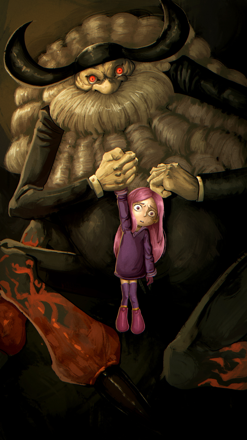 1boy 1girl absurdres alternate_form beard devil_fruit_power dress facial_hair g_reaper grey_hair highres horns jaygarcia_saturn jewelry_bonney pink_hair purple_dress red_eyes spider_boy