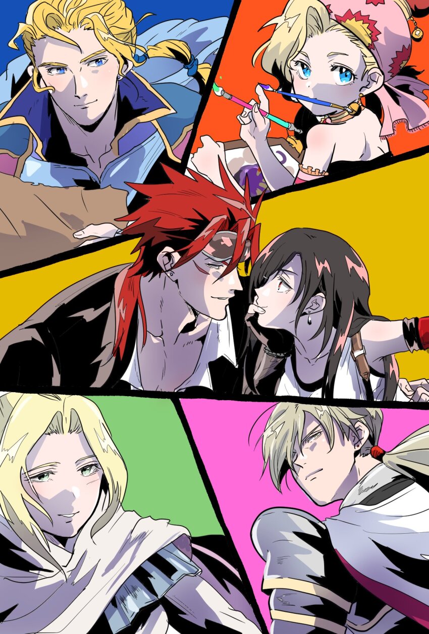 3boys 3girls armband armor bare_shoulders black_bra black_gloves black_hair black_jacket black_shirt blonde_hair blue_background blue_cape blue_eyes blue_jacket bra breastplate cape collared_shirt dragon_quest dragon_quest_xi earrings edgar_roni_figaro elbow_gloves facial_hair final_fantasy final_fantasy_iv final_fantasy_iv:_the_after_years final_fantasy_vi final_fantasy_vii final_fantasy_vii_remake fingerless_gloves floating_earrings gloves goggles goggles_on_head green_background green_eyes grey_cape hair_over_one_eye hair_tie headscarf highres holding holding_paintbrush homeros_(dq11) jacket jewelry long_hair looking_at_another looking_at_viewer low_ponytail motsutei multi-tied_hair multiple_boys multiple_girls orange_background paintbrush paintbrush_in_mouth parted_bangs parted_lips pink_background ponytail popped_collar red_cape red_hair relm_arrowny reno_(ff7) rosa_farrell shirt short_hair shoulder_armor sleeveless sleeveless_shirt smile sports_bra suit_jacket suspenders tifa_lockhart two-sided_cape two-sided_fabric underwear upper_body wavy_hair white_shirt yellow_background
