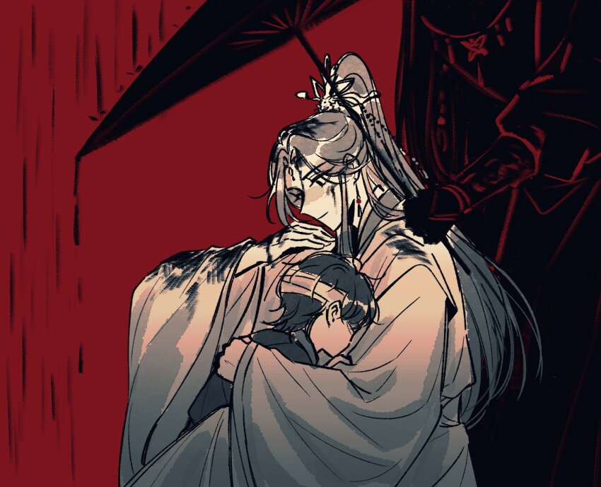 2boys age_comparison bandaged_head bandages black_eyes black_hair bracer brown_hair butterfly_necklace child chinese_clothes closed_mouth commentary earrings flclrnldudnj forehead_jewel hair_ornament hanfu high_ponytail holding holding_umbrella hua_cheng hug jewelry long_hair long_sleeves male_focus monochrome multiple_boys multiple_views oil-paper_umbrella ponytail rain red_background red_theme short_hair silhouette simple_background symbol-only_commentary tianguan_cifu umbrella upper_body very_long_hair white_hanfu wide_sleeves xiao_guan_(headdress) xie_lian xie_lian_(flower_crowned_martial_god)