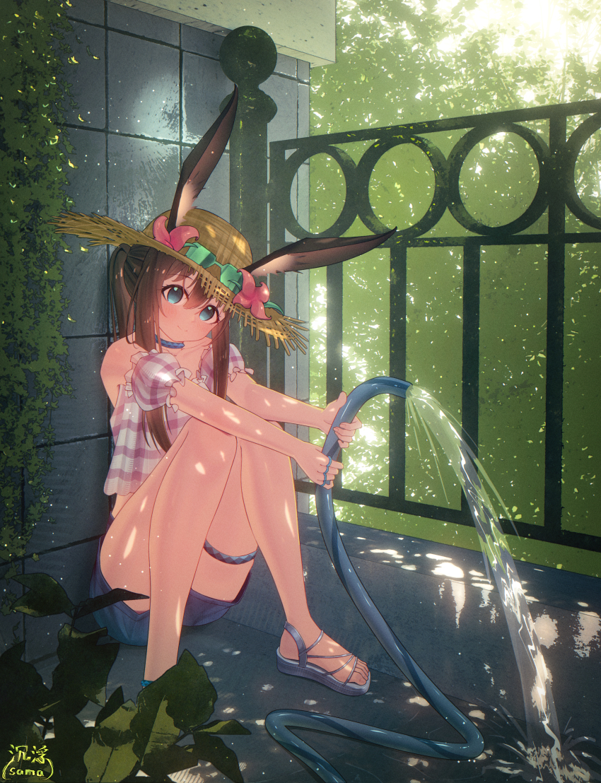 1girl absurdres amiya_(arknights) amiya_(swimsuit)_(arknights) animal_ears aqua_eyes arknights blue_collar blue_sandals blush brown_hair chenfusama chinese_commentary closed_mouth collar commentary_request dappled_sunlight day ears_through_headwear feet fingernails flower full_body hair_between_eyes hat hat_flower highres holding holding_hose hose jewelry knees_together_feet_apart light_particles long_hair multiple_rings official_alternate_costume pink_flower plant ring sandals sitting smile solo straw_hat summer sunlight thighlet toenails toes water yellow_hat