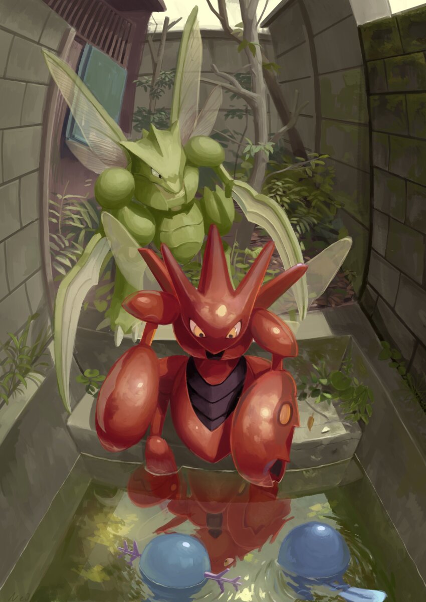 absurdres black_eyes commentary_request day evolutionary_line gen_1_pokemon gen_2_pokemon highres horns king_joe_(neoroto) looking_down nintendo no_humans outdoors pokemon pokemon_(creature) poliwag reflection ripples scizor scyther tree wall water wooper