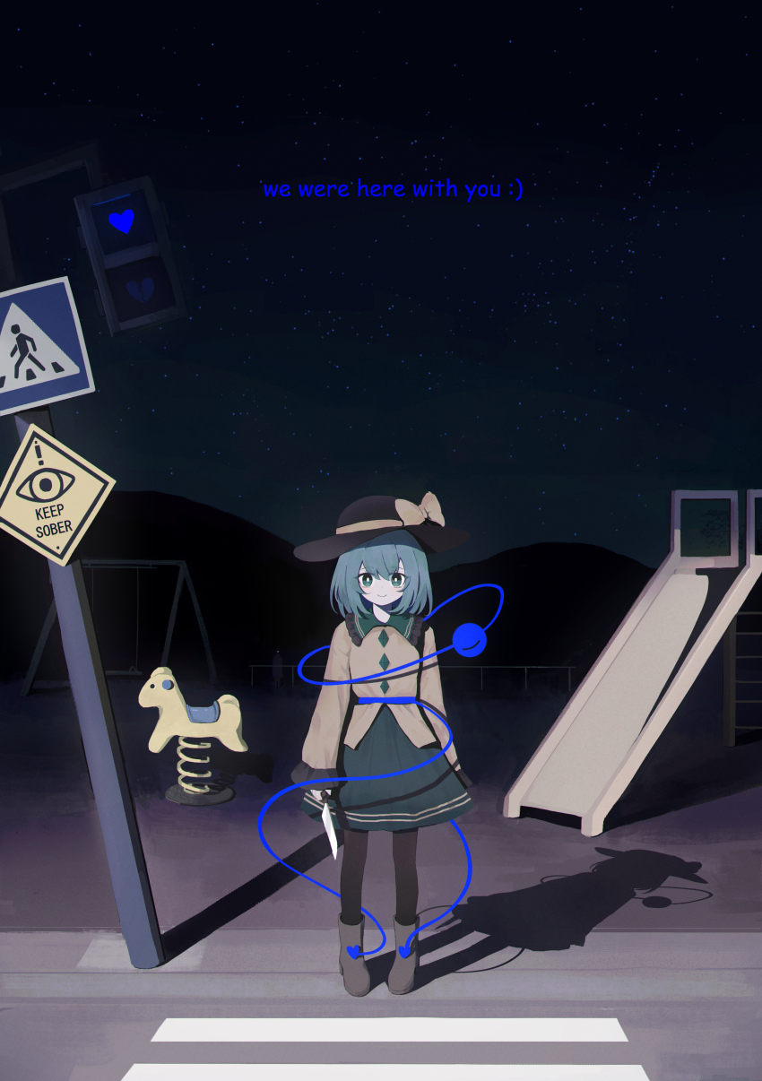 1girl absurdres black_hat boots bow brown_boots brown_pantyhose buttons closed_mouth commentary crosswalk diamond_button english_commentary english_text eyeball frilled_shirt_collar frilled_sleeves frills green_eyes green_hair green_skirt hat hat_bow heart highres holding holding_knife horror_(theme) knife komeiji_koishi long_sleeves looking_at_viewer pantyhose playground road_sign shadow shirt sign skirt slide smile solo spring_rider third_eye touhou wide_sleeves yellow_bow yellow_shirt yuuneka