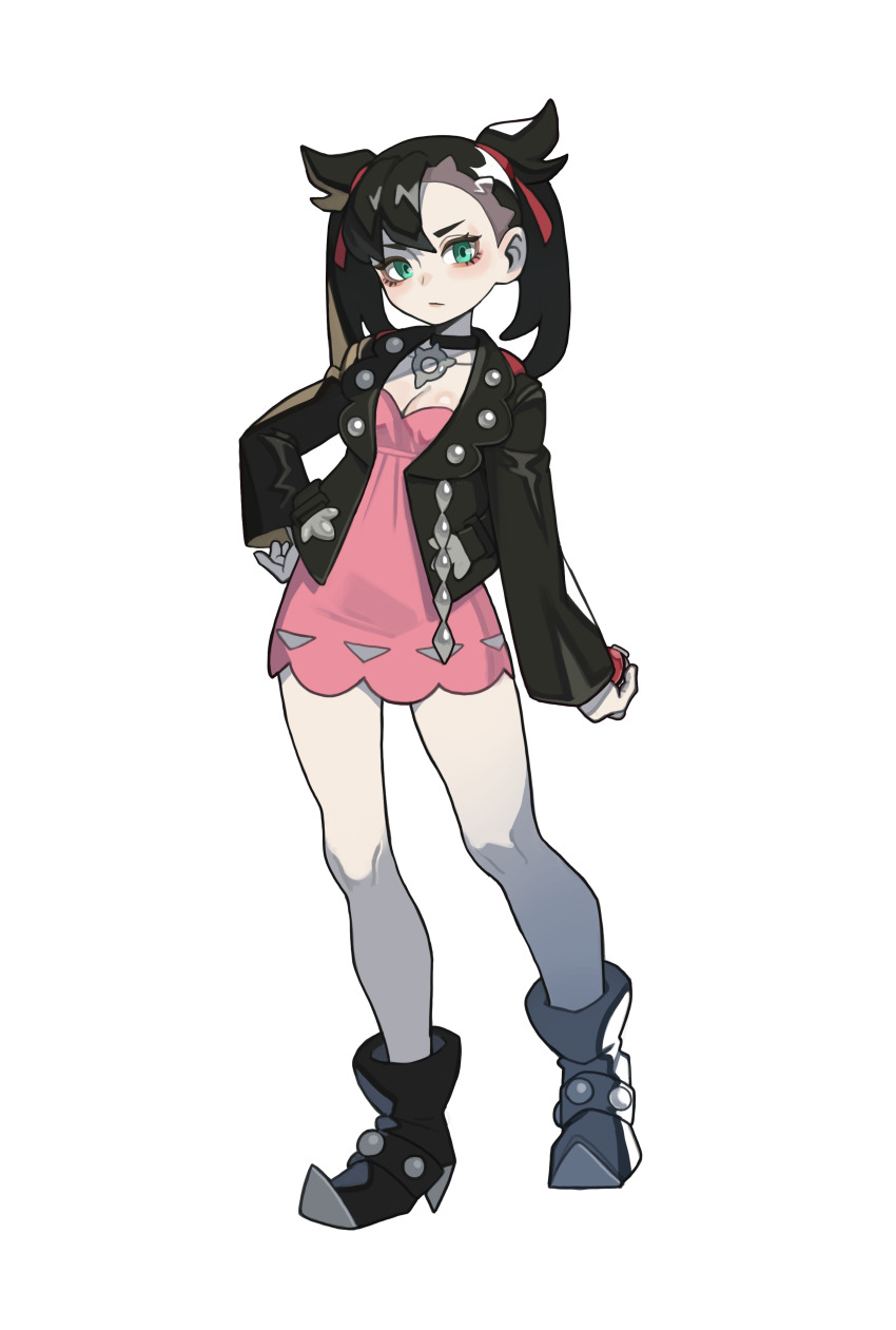 1girl absurdres asymmetrical_bangs black_boots black_collar black_hair black_jacket boots breasts cleavage closed_mouth collar collarbone commentary_request dress eyelashes full_body green_eyes hair_ribbon hand_on_own_hip highres holding holding_poke_ball jacket knees korean_commentary life_is_gag long_sleeves looking_at_viewer marnie_(pokemon) nintendo open_clothes open_jacket pink_dress poke_ball poke_ball_(basic) pokemon pokemon_swsh red_ribbon ribbon short_dress simple_background solo standing twintails white_background