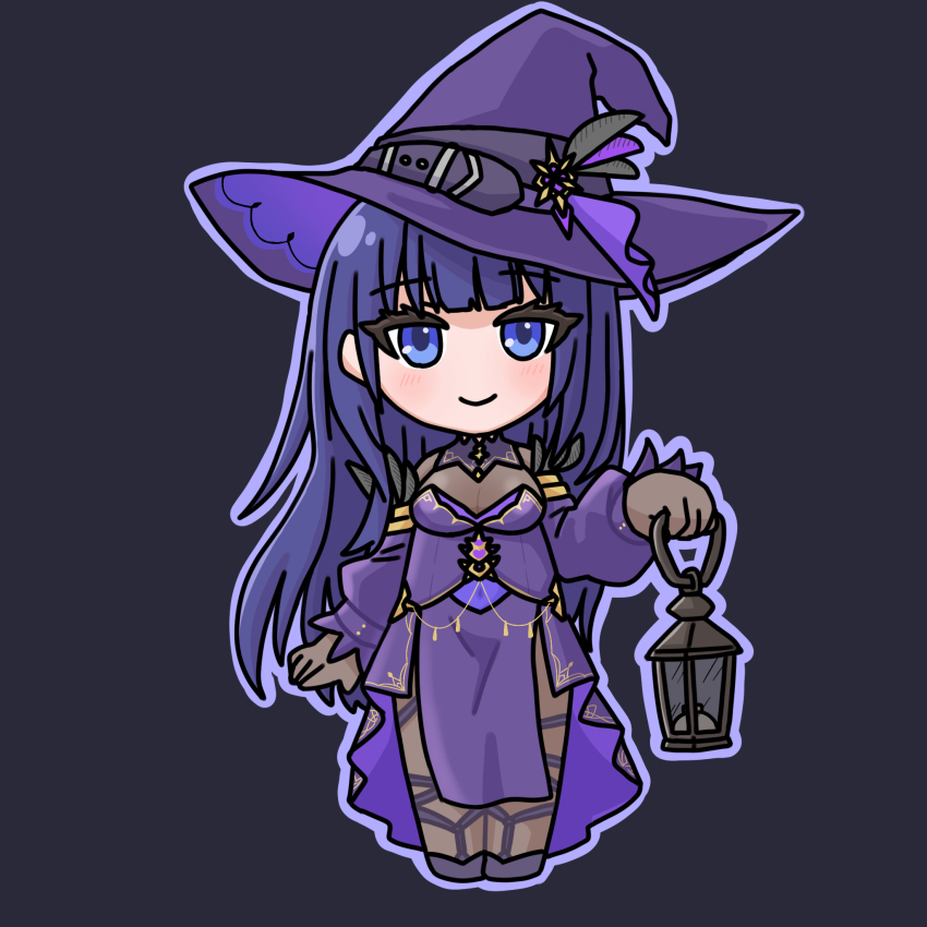 1girl black_background blue_eyes blue_hair blush bodystocking breasts chibi cleavage closed_mouth commentary_request detached_sleeves dress full_body hat highres holding holding_lantern honkai_(series) honkai_impact_3rd lantern long_hair long_sleeves looking_at_viewer medium_breasts mokkyo_(motkyo) outline puffy_long_sleeves puffy_sleeves purple_dress purple_hat purple_outline purple_sleeves raiden_mei see-through_cleavage see-through_clothes simple_background smile solo standing very_long_hair witch_hat