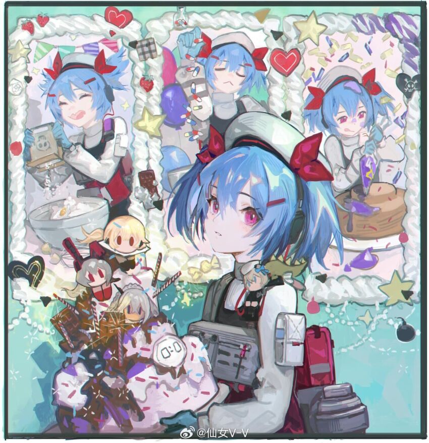 blue_hair chocolate colphne_(girls&#039;_frontline_2) cream drugs flour food girls&#039;_frontline girls&#039;_frontline_2:_exilium groza_(girls&#039;_frontline_2) hat highres ice_cream nurse_cap ots-14_(girls&#039;_frontline) pipidan red_eyes watermark weibo_watermark
