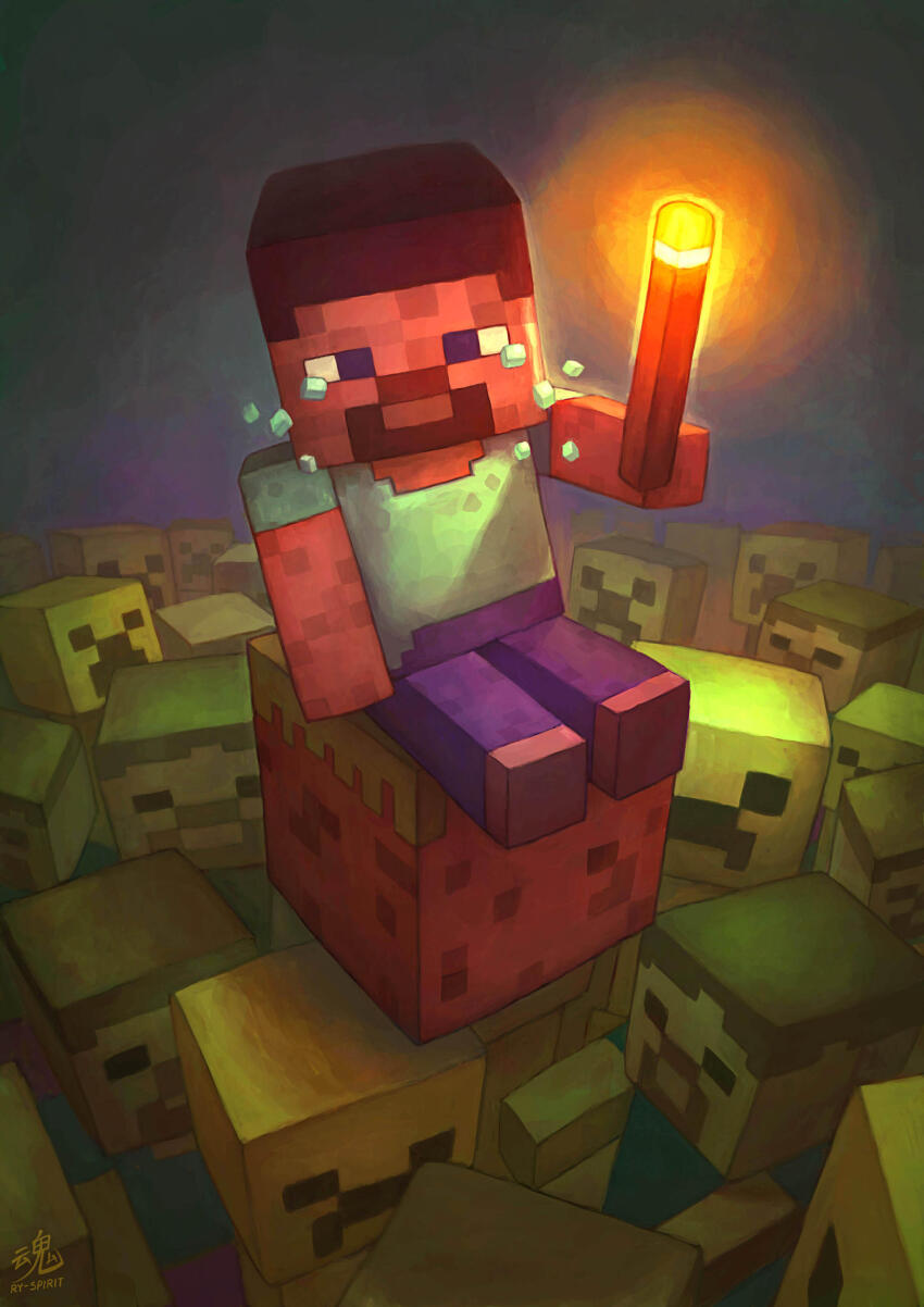 1boy 6+others absurdres block_(minecraft) blue_eyes brown_hair chibi commentary creature creeper crying dark-skinned_male dark_skin english_commentary grass highres holding holding_torch low_poly male_focus minecraft minecraft_(style) multiple_others official_style perspective ry-spirit sitting solo_focus steve_(minecraft) torch watermark zombie zombie_(minecraft)