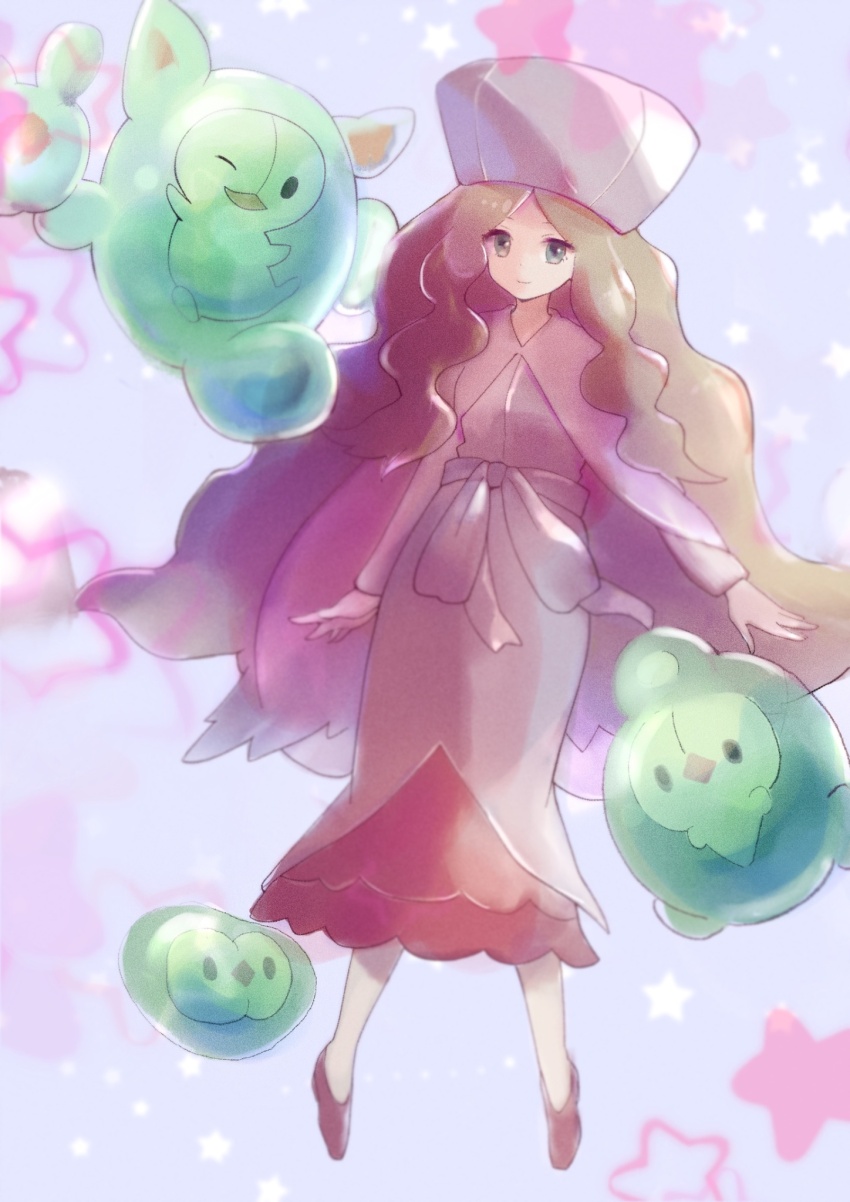 1girl blonde_hair blue_eyes caitlin_(pokemon) cape closed_mouth dress duosion evolutionary_line gen_5_pokemon hat highres long_hair long_sleeves nintendo parted_bangs pink_cape pink_dress pink_shoes pokemon pokemon_(creature) pokemon_bw reuniclus ringosan2329 sash shoes smile solosis star_(symbol) star_symbol_background very_long_hair white_hat white_sash