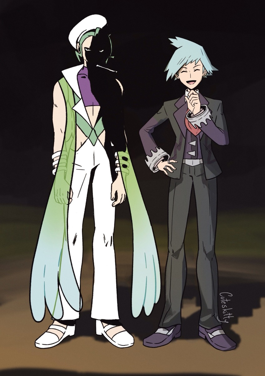 2boys blue_hair cuteskitty full_body green_hair hand_on_own_hip hat highres looking_at_viewer male_focus meme multiple_boys nintendo pokemon pokemon_oras shaded_face shoes signature steven_stone wallace_(pokemon) white_hat white_shoes why_dis_ninja_look_so_mad_(meme)