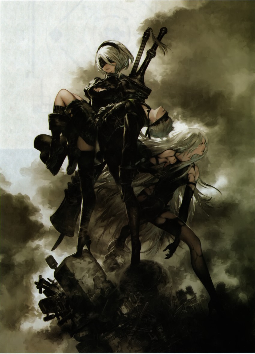 1boy 2b_(nier:automata) 2girls 9s_(nier:automata) a2_(nier:automata) absurdres albino android black_clouds blindfold blue_eyes buster_sword carrying cover grey_background grey_sky highres huge_weapon katana long_hair multiple_girls nier:automata nier_(series) official_art pod_(nier:automata) reverse_princess_carry short_hair simple_background sky square_enix sword video_game_cover weapon weapon_on_back white_hair yoshida_akihiko