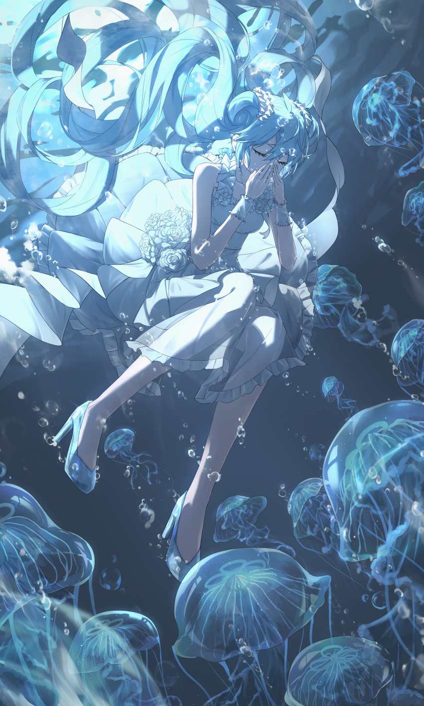 1girl absurdres bare_shoulders blue_hair blue_shoes blue_theme chinese_commentary closed_eyes commentary_request covered_mouth covering_nose dress flower frilled_dress frills full_body hair_between_eyes hatsune_miku high_heels highres jellyfish long_hair making-of_available no_socks rose shoes sleeveless sleeveless_dress solo underwater very_long_hair vocaloid water white_dress white_flower white_rose wrist_cuffs xiamianhaiya