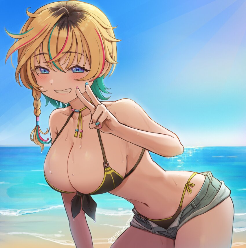 1girl absurdres bikini breasts colored_inner_hair engawa_tanaka highres idolmaster idolmaster_va-liv large_breasts letora_(idolmaster) looking_at_viewer multicolored_hair plant_roots short_shorts shorts smile solo swimsuit v