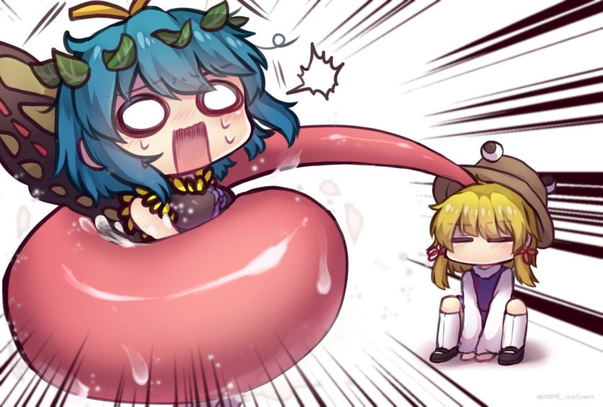 2girls =_= ^^^ antennae arm_support arms_between_legs artist_name between_legs black_dress black_footwear blonde_hair blue_hair blush brown_headwear butterfly_wings chibi closed_eyes commentary dress emphasis_lines eternity_larva hair_ornament hair_ribbon hand_between_legs hat holding_person insect_wings kneehighs leaf leaf_hair_ornament leaf_on_head long_sleeves long_tongue medium_hair moriya_suwako multiple_girls no_mouth o_o open_mouth purple_vest pyonta red_ribbon ribbon saliva scared shirt short_hair sidelocks simple_background sleeveless sleeveless_dress socks squatting surprised sweatdrop tongue tongue_hold touhou tress_ribbon turtleneck twitter_username unime_seaflower very_long_tongue vest wavy_mouth white_background white_legwear white_shirt wide-eyed wide_sleeves wings