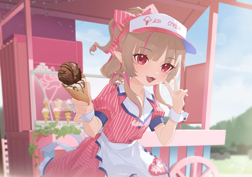 1girl alamp apron blonde_hair bloom blue_sleeve_cuffs blue_trim blunt_bangs bow colored_inner_hair cowboy_shot double_scoop drill_hair drill_ponytail fangs floating_hair food food_stand frilled_skirt frills hair_over_shoulder heart highres holding holding_ice_cream_cone ice_cream ice_cream_cone ice_cream_stand jacket lapels lens_flare makaino_ririmu multicolored_hair name_tag nijisanji official_alternate_costume official_alternate_hairstyle open_mouth outdoors pink_bow pink_hair pink_jacket pointy_ears puffy_short_sleeves puffy_sleeves red_eyes short_sleeves sidelocks skirt smile solo streaked_hair striped_bow striped_clothes striped_jacket striped_skirt v vertical-striped_bow vertical-striped_clothes vertical-striped_jacket virtual_youtuber visor_cap waist_apron waitress white_wrist_cuffs wrist_cuffs