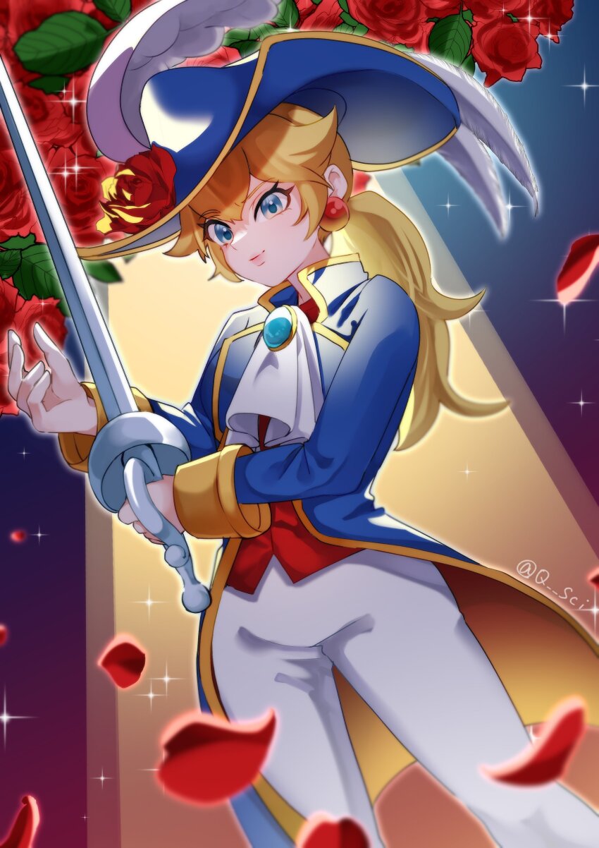 1girl absurdres ascot blonde_hair blue_coat blue_eyes blue_hat brooch closed_mouth coat commentary cowboy_shot earrings flower hat hat_feather hat_flower highres holding holding_sword holding_weapon jewelry long_hair long_sleeves mario_(series) nintendo official_alternate_costume open_clothes open_coat pants petals ponytail princess_peach princess_peach:_showtime! red_flower red_rose red_vest rose rose_petals solo sparkle standing sword swordfighter_peach twitter_username vest weapon white_ascot white_pants yoshino_(q_sci)