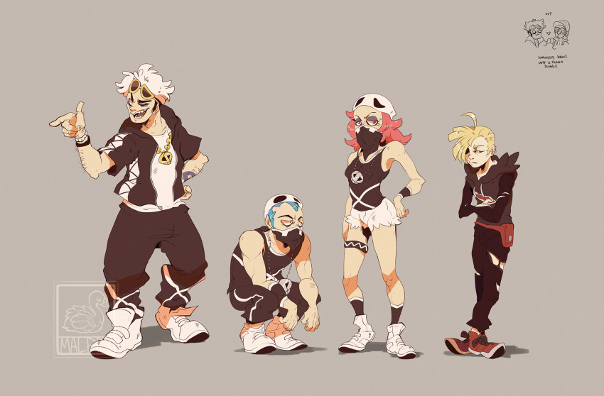 1girl 3boys ahoge ankle_socks arm_hair arm_tattoo asymmetrical_eyewear asymmetrical_hair bare_arms bare_shoulders belt belt_bag black_hoodie black_jacket black_mask black_pants black_socks black_tank_top blonde_hair blue_hair blunt_bangs bracelet breasts chain chain_necklace covered_mouth crazy_eyes crossed_ankles denim denim_shorts english_text eyelashes eyeshadow eyewear_on_head fingernails full_body gladion_(pokemon) gold_chain gold_necklace grey_background guzma_(pokemon) hair_over_one_eye half-closed_eye half-closed_eyes hand_on_own_hip hat highres hood hood_down hooded_jacket hoodie jacket jewelry long_hair makeup mask mouth_mask multiple_boys necklace nintendo open_clothes open_jacket open_mouth pants parted_lips pink_hair pointing pokemon pokemon_sm purple_eyeshadow red_bag red_belt red_eyes red_footwear round_eyewear shadow shirt shoes short_hair short_shorts short_sleeves shorts sieepybear simple_background skull-shaped_hat skull_necklace sleeveless sleeveless_hoodie smile sneakers socks squatting standing sunglasses sweatpants t-shirt tank_top tattoo team_skull team_skull_grunt team_skull_grunt_(female) teeth thick_eyebrows thigh_strap toned toned_male toon_(style) torn_clothes torn_hoodie torn_pants torn_shorts torn_sleeves v-shaped_eyebrows very_short_hair watermark white_footwear white_hair white_hat white_shirt white_shorts yellow-framed_eyewear